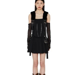 Private Policy New York FAUX FUR HARNESS TOP WITH MESH SLEEVES - BLACK size S/P